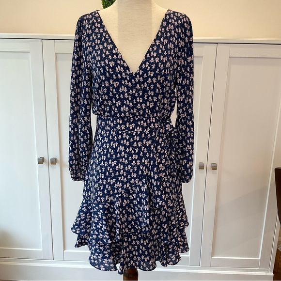 Likely Floral Faux Wrap Ruffle Casimira Mini Length Dress Blue and White Size 4 - Picture 2 of 14